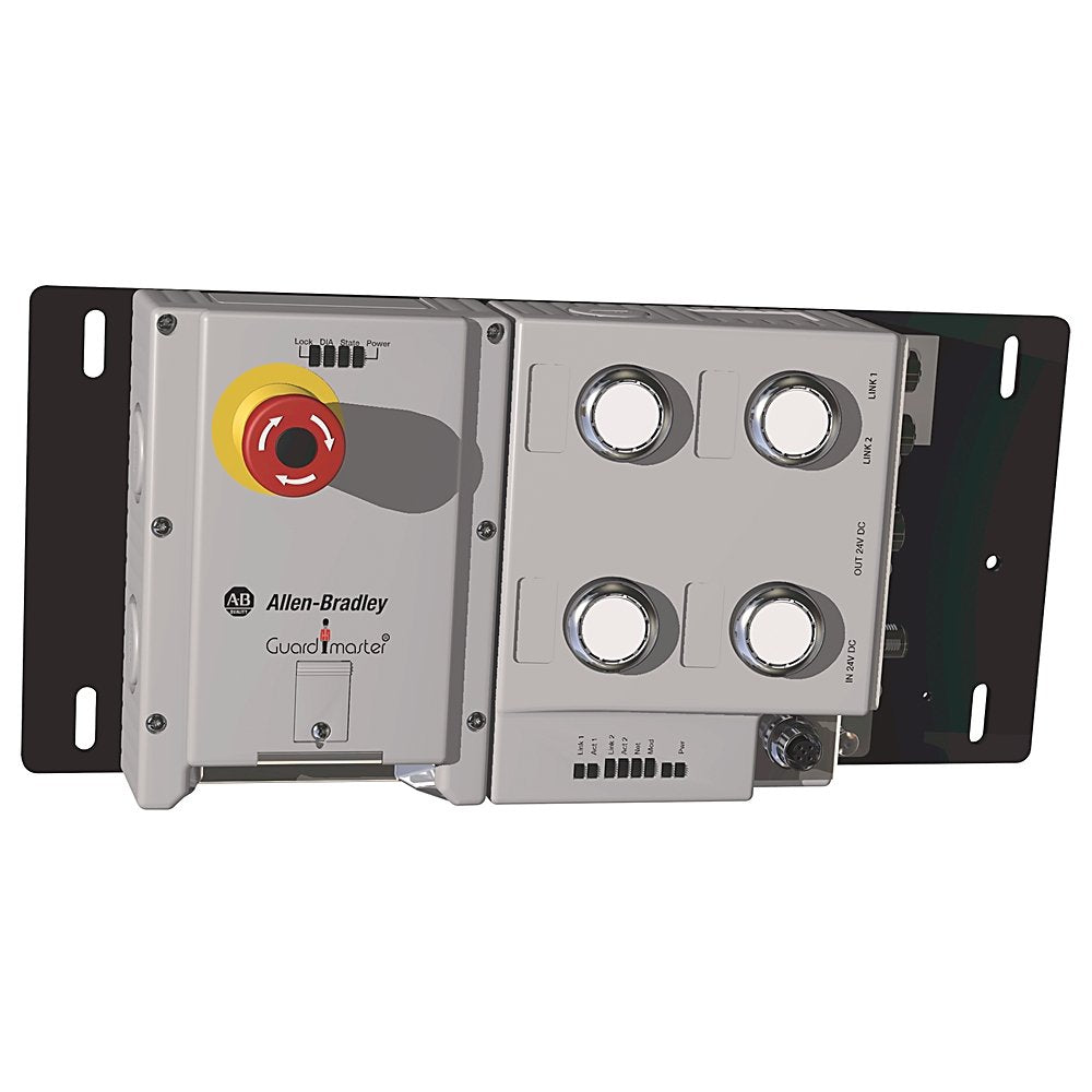 Lock Module, 442G Access Box, Power to Release, Unique Code, EtherNet/IP (2 x M12, D-coded) Power (2 x 4-pin 7/8” Mini), Left-hand Guard, E-stop,Four Push Buttons, and Connector for Enabling Switch