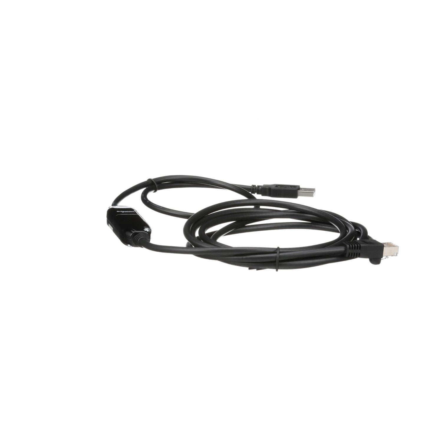 The Schneider Electric Firmware flashing cordset features a USB-A to RJ45 connection. Packaging made with recycled cardboard