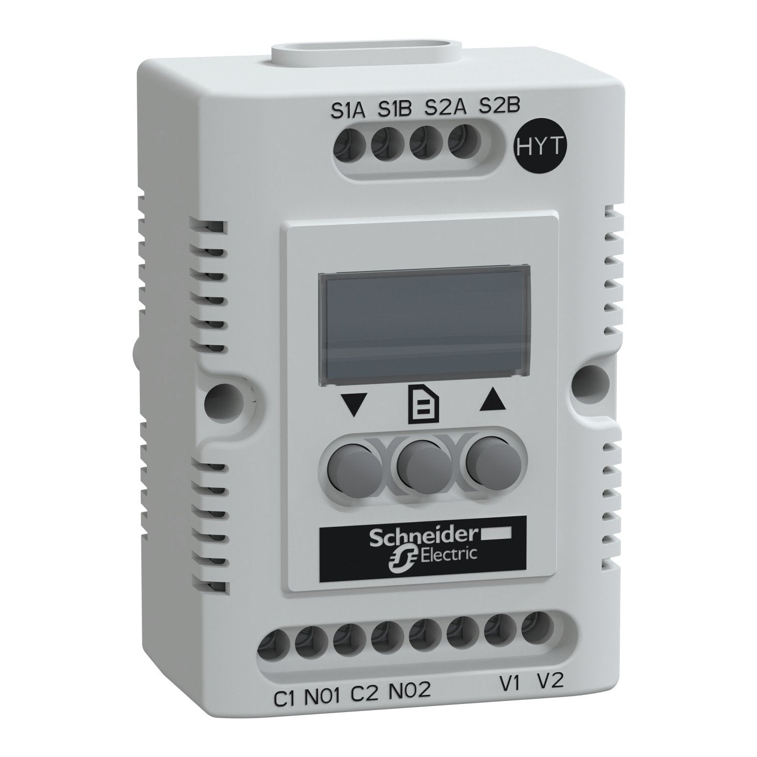 The Schneider Electric Electronic Hygrotherm designed to monitor temperature and relative humidity with precision. Featuring an OLED screen that displays data in °C or °F, it operates on an input voltage of 9 to 30 V AC/DC and includes options for an external NTC sensor. The unit is mountable in various configurations, such as DIN rails and mounting plates, and offers ventilation/heating functions. Flame retardant to UL94 V0 standard RoHS compliant REACH compliant