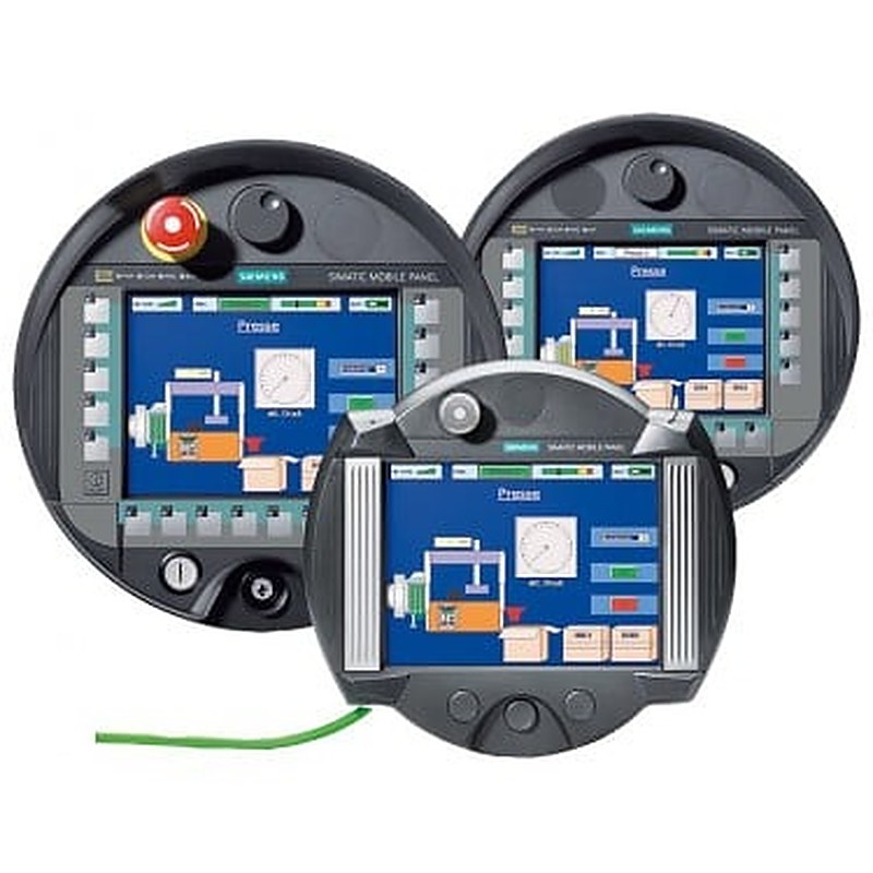 SIMATIC Mobile Panel 277 with integrated acknowledgment button and stop pushbutton, configurable with WinCC flexible Standard Version 2005 SP1 or higher or TIA Portal V11 to V14
