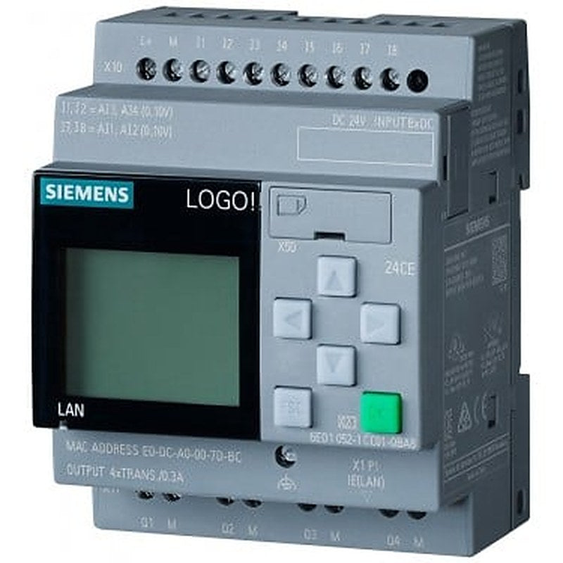 LOGO! 24CE, logic module, display PS/I/O: 24 V/24 V/24 V trans., 8 DI (4 AI)/4 DO, memory 400 blocks, modularly expandable, Ethernet integr. web server, data log, user-defined web pages, standard microSD card for LOGO! Soft Comfort V8 or higher, older projects executable