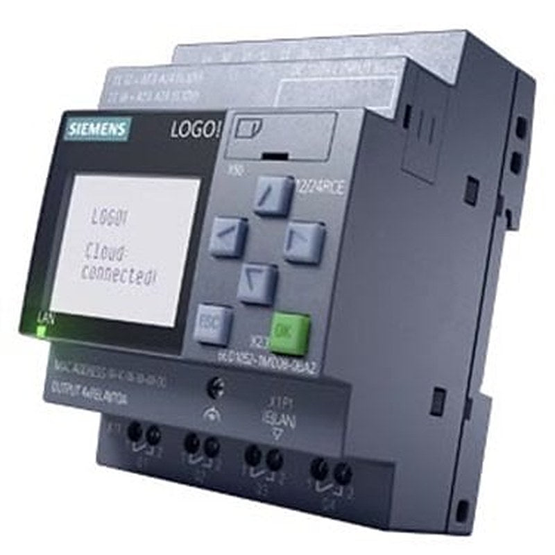 LOGO! 12/24RCE, logic module, display power supply / I/O: 12/ 24 V DC/relay, 8 DI (4 AI)/4 DO, memory 400 blocks, modularly expandable, Ethernet, integrated web server, data log, user-defined web pages, standard microSD card for LOGO! Soft Comfort V8.4 or higher, older projects executable cloud connection, MQTT in all LOGO! 8.4 basic units
