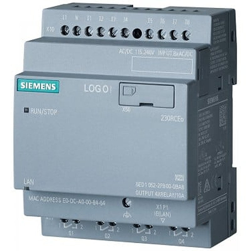 LOGO! 230RCEO, logic module, PS/I/O: 230V/230V/relay, 8 DI/4 DO, without display, memory 400 blocks, modularly expandable, Ethernet, integr. web server, data log, user-defined web pages, standard microSD card for LOGO! Soft Comfort V8 or higher, older projects executable