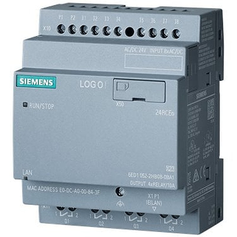 LOGO! 24RCEO (AC), logic module, PS/I/O: DC 24V/24V AC/relay, 8 DI/4 DQ, without display, memory 400 blocks, modular expandable, Ethernet, integrated web server, data log, user-defined web pages, standard microSD card for LOGO! Soft Comfort V8.3 or higher, older projects executable cloud connection in all LOGO! 8.3 basic units