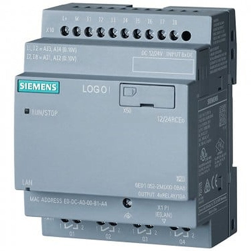 LOGO! 12/24RCEO, logic module PS/I/O: 12/DC 24V/relay 8 DI (4AI)/4 DO, without display, Memory 400 blocks, modular expandable, Ethernet integr. web server, data log, standard microSD card for LOGO! SOFT Comfort V8 or higher older projects executable