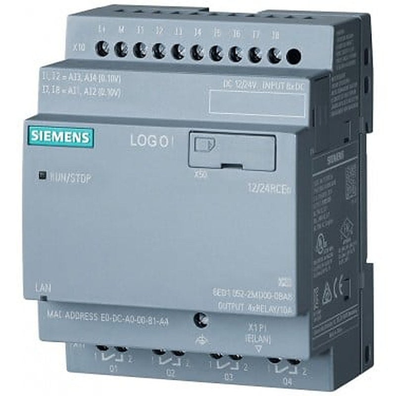 LOGO! 12/24RCEO, logic module, PS/I/O: 12/24VDC/relay, 8 DI (4 AI)/4 DO, without display, memory 400 blocks, modularly expandable, Ethernet, integr. web server, data log, user-defined web pages, standard microSD card for LOGO! Soft Comfort V8 or higher, older projects executable