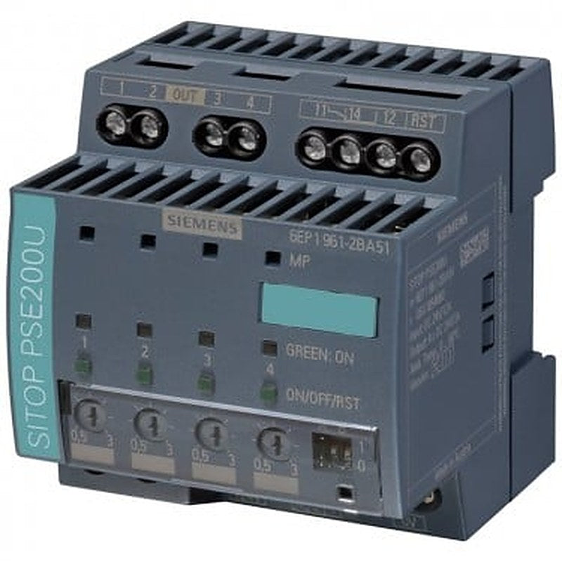 SITOP PSE200U 3 A NEC Class 2 Selectivity module 4-channel input: 24 V DC/12 A output: 24 V/4x 3 A NEC class 2 threshold value adjustable 0.5-3 A with common signaling contact *Ex approval no longer available*