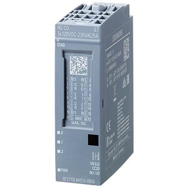 SIMATIC ET 200SP, relay module, RQ CO 3x 120V DC..230VAC/5A ST, 3 CO contacts isolated contacts, packing unit: 1 unit, suitable for BU type U0, color code CC20, substitute value output, module diagnostics for supply voltage