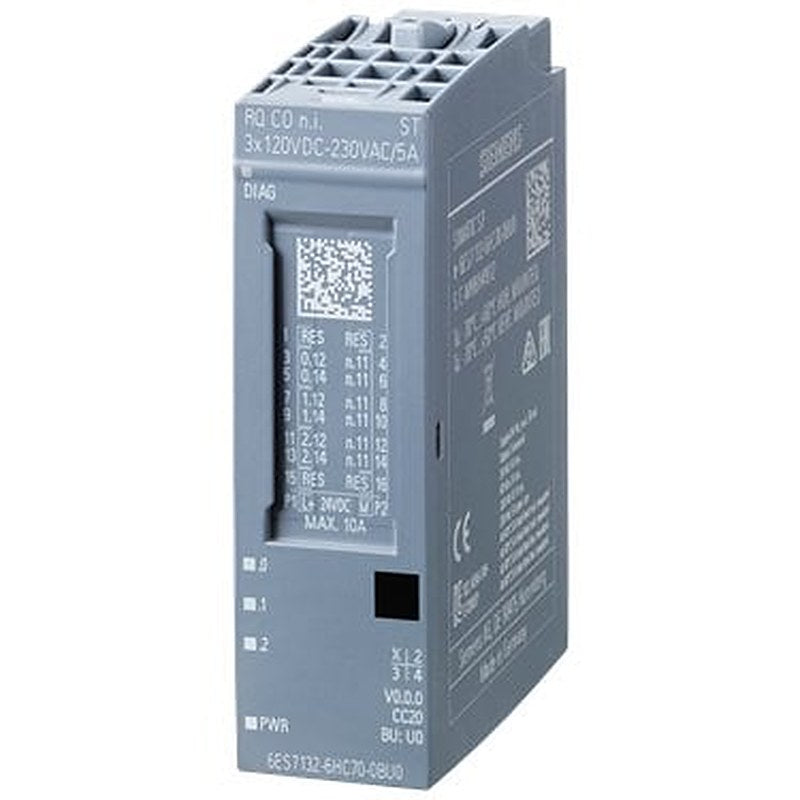 SIMATIC ET 200SP, relay module, RQ COni 3x120VDC..230VAC/5A ST, 3 CO contacts non-isolated contacts, packing unit: 1 unit, suitable for BU type U0, color code CC20, substitute value output, module diagnostics for supply voltage