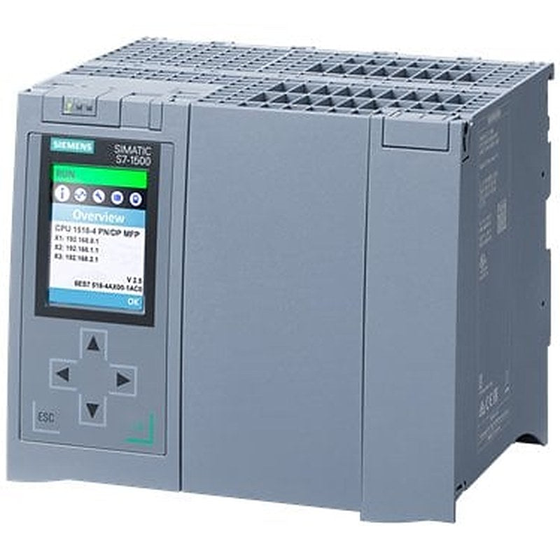 SIMATIC S7-1500, CPU Bundle consisting of: CPU 1518-4 PN/DP MFP (6ES7518-4AX00-1AB0), including C/C++ Runtime and OPC UA Runtime license, 6 MB work memory for program and 60 MB for data, 1st interface: PROFINET IRT with 2-port switch, 2nd interface: PROFINET RT, 3rd interface: PROFINET basic services, 4th interface: PROFIBUS, 1 ns bit performance, SIMATIC Memory Card (min. 2 GB) required