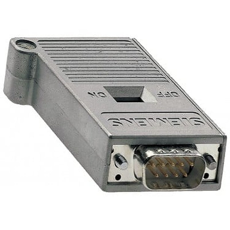 PROFIBUS bus connector with axial cable outlet for Industry PC, SIMATIC OP, OLM; transfer rate 12 Mbit/s; terminating resistor with isolating function, metal enclosure.
