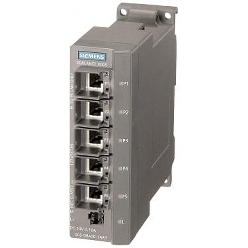 SCALANCE X005TS, IE entry Level switch unmanaged 5x 10/100 Mbit/s RJ45 ports, LED diagnostics, IP30, 24 V DC power supply, PROFINET-compliant securing collars, Extended temperature range -40 °C...+75 °C, E1 approval (EN50155), Manual available as a download .