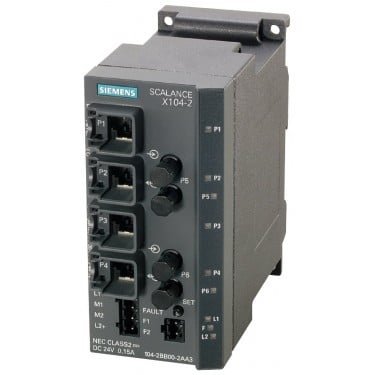 SCALANCE X104-2, Unmanaged IE switch, 4x 10/100 Mbit/s RJ45 ports, 2x 100 Mbit/s Multimode BFOC, LED diagnostics, error-signaling contact with set pushbutton, redundant power supply Manual available as a download .