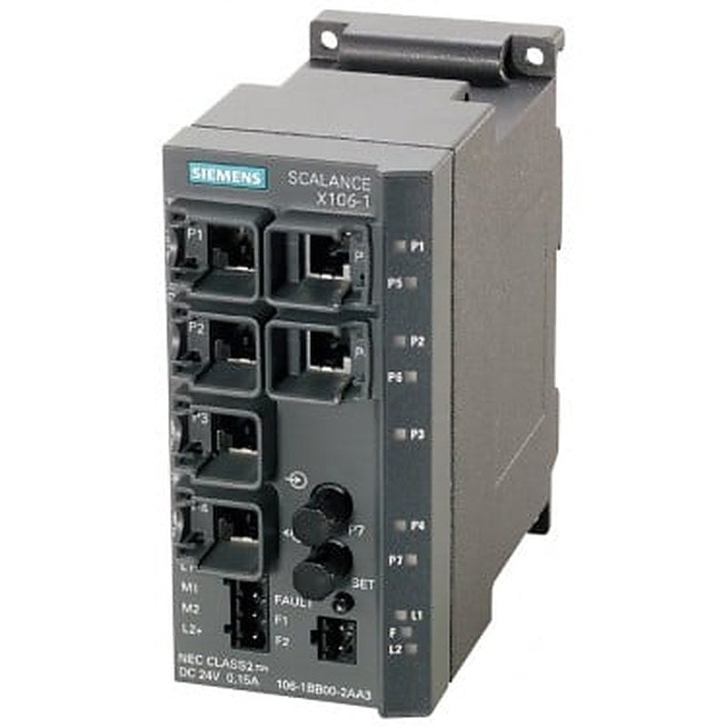 SCALANCE X106-1, Unmanaged IE switch, 6x 10/100 Mbit/s RJ45 ports, 1x 100 Mbit/s Multimode BFOC, LED diagnostics, error-signaling contact with set pushbutton, redundant power supply Manual available as a download .