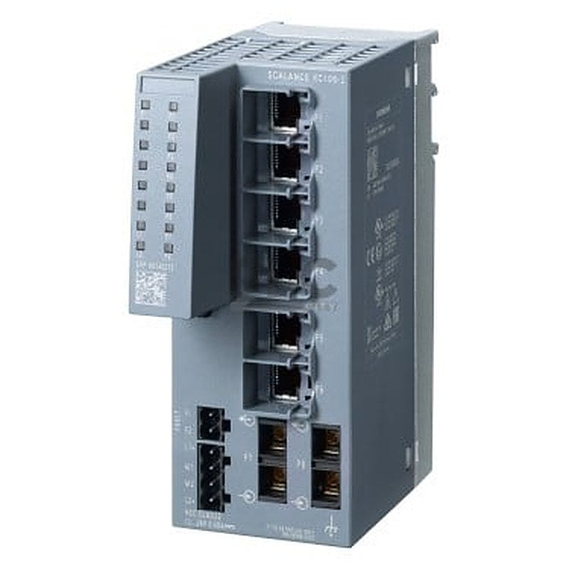 SCALANCE XC106-2, Unmanaged IE switch, 6x 10/100 Mbit/s RJ45 ports, 2x 100 Mbit/s Multimode SC, LED diagnostics, error-signaling contact with set pushbutton, redundant power supply Manual available as a download .