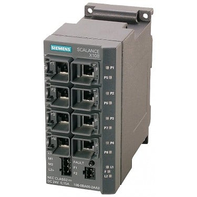 SCALANCE X108, Unmanaged IE switch, 8x 10/100 Mbit/s RJ45 ports, LED diagnostics, error-signaling contact with set pushbutton, redundant power supply Manual available as a download .
