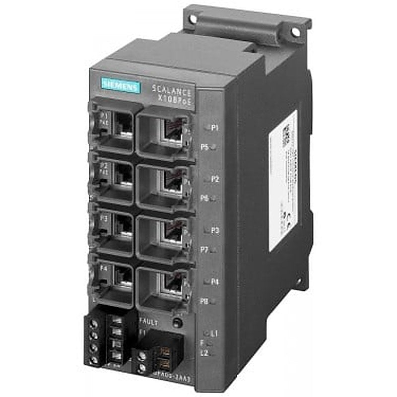 SCALANCE X108PoE unmanaged IE switch, 2x 10/100 Mbit/s RJ45 Power-over-Ethernet ports and 6x 10/100 Mbit/s RJ45 ports, LED diagnostics, error signaling contact with set pushbutton, redundant power supply manual available as a download .