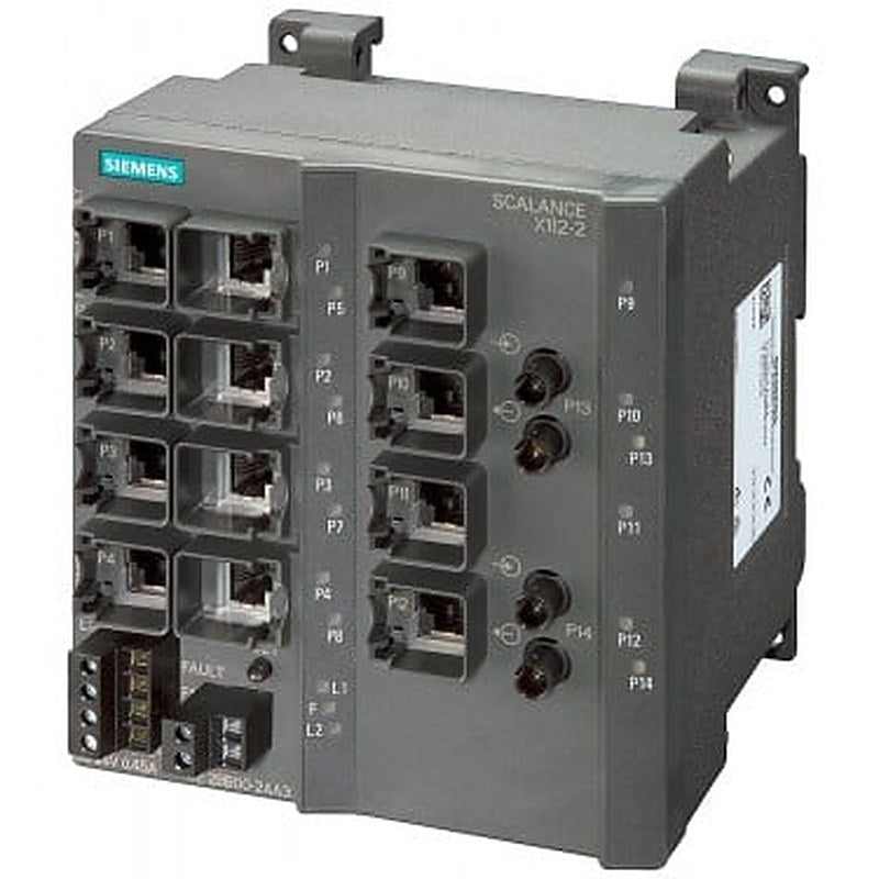 SCALANCE X112-2, unmanaged IE switch, 12x 10/100 Mbit/s RJ45 ports, 2x 100 Mbit/s multimode BFOC, LED diagnostics, error-signaling contact with set pushbutton, redundant power supply manual available as a download .