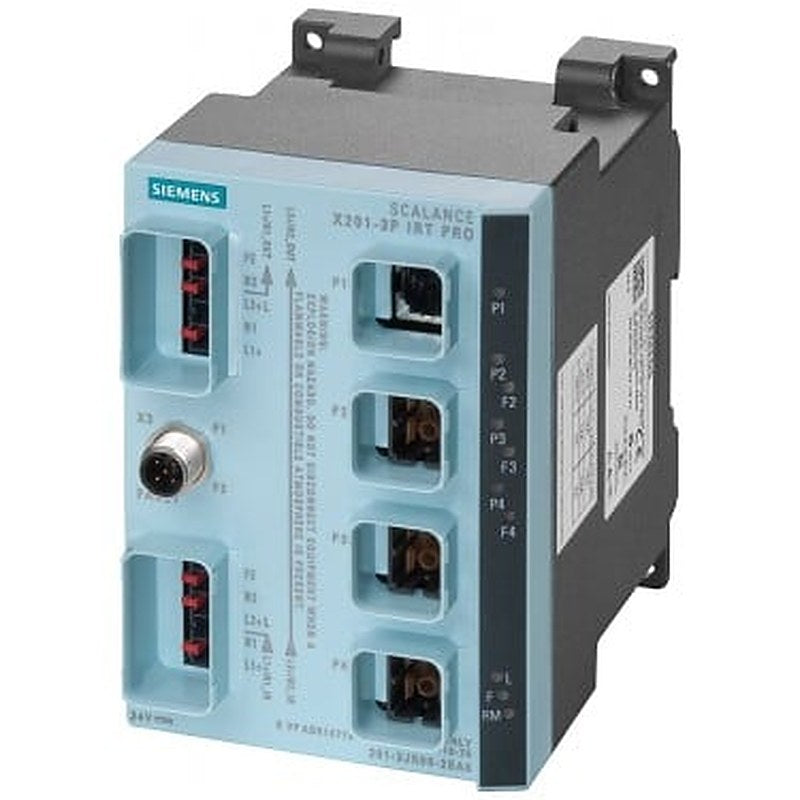 SCALANCE X201-3PIRT PRO; managed IE IRT Switch Degree of protection IP65/67; 1x 10/100 Mbit/s Push Pull RJ45 port; 3x 100 Mbit/s Push-pull SCRJ port; Error signaling contact with set pushbutton; Redundant power Supply; PROFINET IO device; network management; Redundancy Manager integrated, incl. electron. manual on CD-ROM, C-PLUG optional.