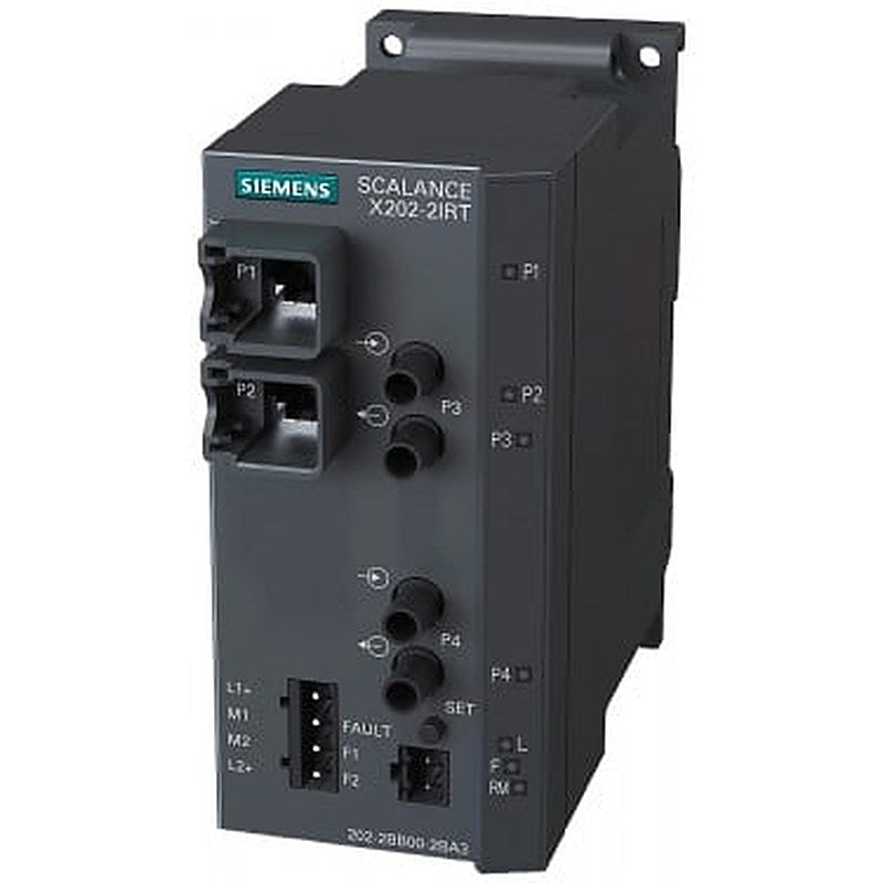 SCALANCE X202-2IRT managed IE IRT switch, 2x 10/100 Mbit/s RJ45 ports, 2x 100 Mbit/s Multimode BFOC, Error signaling contact with set pushbutton, Redundant power supply, PROFINET IO device, network management, Redundancy Manager integrated, incl. electron. manual on CD-ROM, C-plug optional.