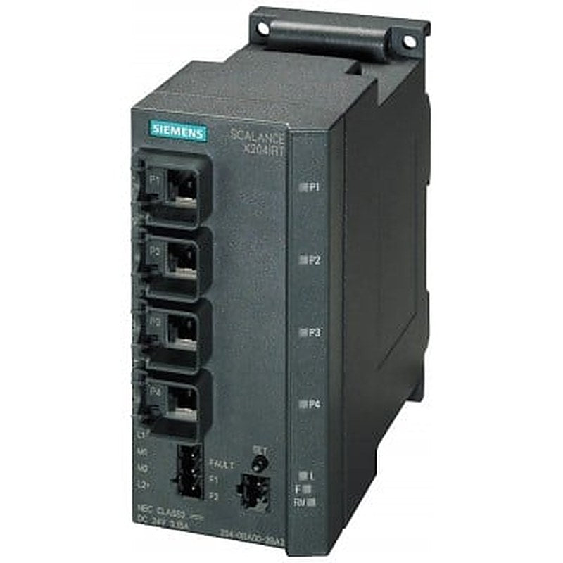 SCALANCE X204IRT, managed IE IRT switch, 4x 10/100 Mbit/s RJ45 ports, Error signaling contact with set pushbutton, redundant power supply, PROFINET IO device, network management, Redundancy Manager integrated, incl. electron. manual on CD-ROM, C-plug optional.