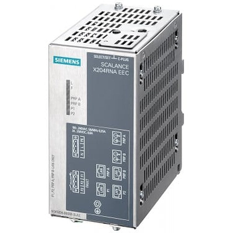 SCALANCE X204RNA EEC; redundant network access 2x 100 Mbit/s RJ45 ports; 2x 100 Mbit/s combo ports; LED diagnostics; error signaling contact with set pushbutton; simple power supply; network management; including electronic manual on CD-ROM, C-PLUG optional for HSR network;