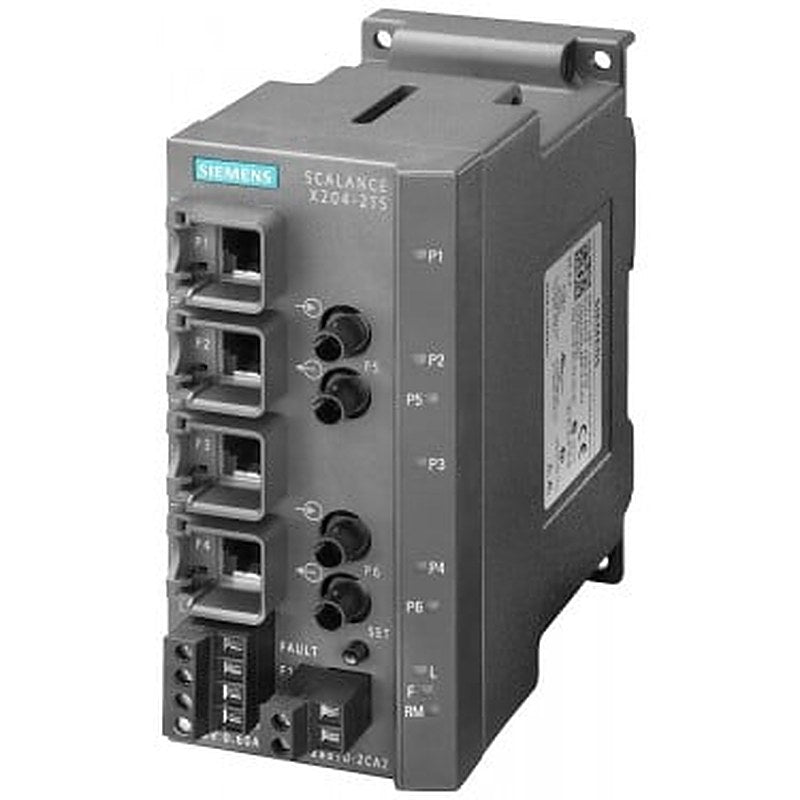 SCALANCE X204-2TS; managed IE switch; 4x 10/100 Mbit/s RJ45 ports; 2x 100 Mbit/s multimode BFOC; LED diagnostics; error signaling contact with set push-button; redundant power supply; PROFINET I/O device; network management; Redundancy Manager integrated, incl. electron. manual on CD-ROM, C-PLUG optional.