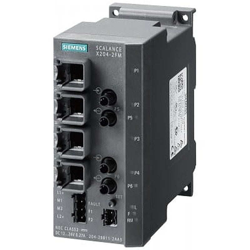 SCALANCE X204-2FM, FO monitoring managed IE switch, 4x 10/100 Mbit/s RJ45 ports, 2x 100 Mbit/s multimode BFOC, LED diagnostics, error signaling contact with set pushbutton, redundant power supply, PROFINET IO device, network management, can be operated in redundant ring, incl. electron. manual on CD-ROM, C-plug optional.