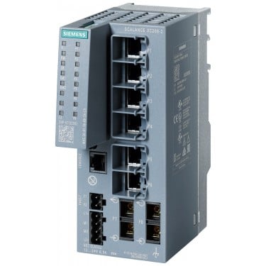 SCALANCE XC206-2 manageable Layer 2 IE switch; IEC 62443-4-2 certified; 6x 10/100 Mbit/s RJ45 ports; 2x 100 Mbit/s SC-ports, 1x console port; diagnostics LED; redundant power supply; temperature range -40 °C to +70 °C; assembly: DIN rail/S7 mounting rail/wall; redundancy functions; office features (RSTP, VLAN,...); PROFINET IO device Ethernet/IP-compliant C-PLUG slot.