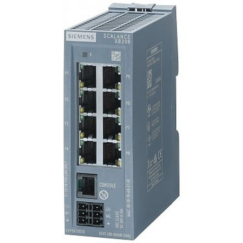 SCALANCE XB208 managed Layer 2 IE switch 8x 10/100 Mbit/s RJ45 ports 1x console port, diagnostics LED redundant power supply IEC 62443-4-2 certified; temperature range 0 to +60 °C DIN-rail mounting; default EtherNet/IP.