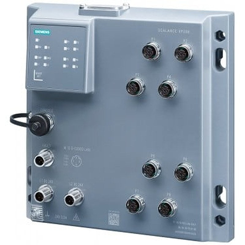 SCALANCE XP208, managed IE switch, 8x 10/100 Mbit/s M12 ports, IP65, LED diagnostics, error signaling contact, redundant power supply, IEC 62443-4-2 certified PROFINET IO device, network management, can be operated in redundant ring, dust caps, including electronic manual on CD-ROM, C-plug optional.