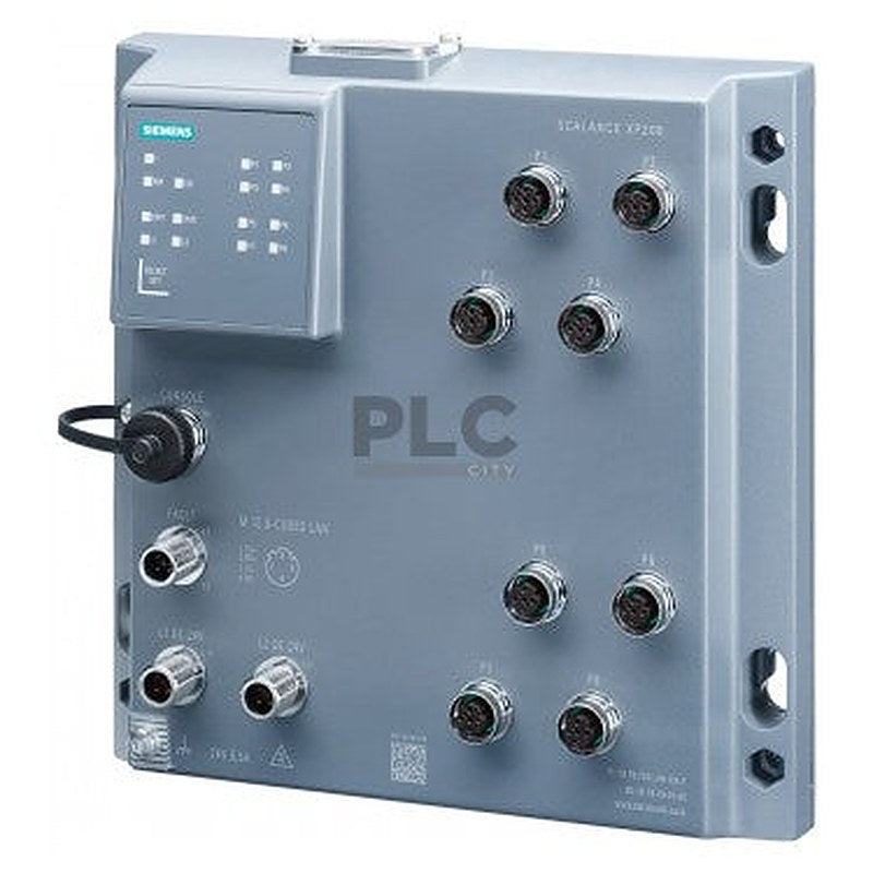 SCALANCE XP208 (EIP), managed IE switch, 8x 10/100 Mbit/s M12 ports, IP65, LED diagnostics, error signaling contact, redundant power supply, IEC 62443-4-2 certified; Ethernet/IP, network management, including dust caps, including electronic manual on CD-ROM, C-plug optional.