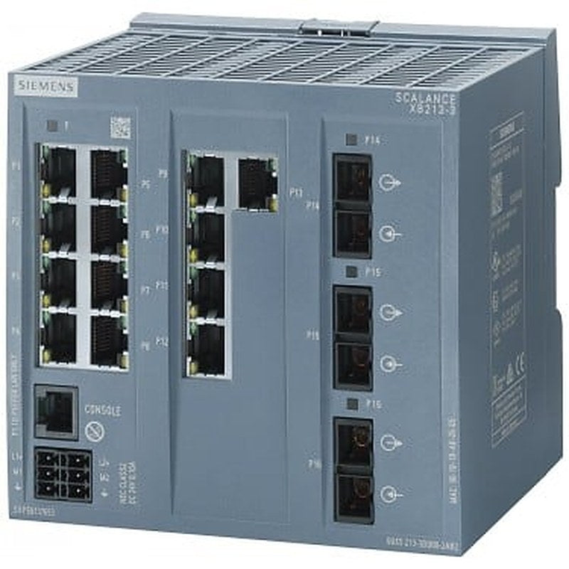 SCALANCE XB213-3 managed Layer 2 IE switch 13x 10/100 Mbit/s RJ45 ports, 3x MM FO SC-port 1x console port, diagnostics LED, redundant power supply, IEC 62443-4-2 certified; temperature range 0 °C to +60 °C; DIN-rail mounting; default PROFINET.