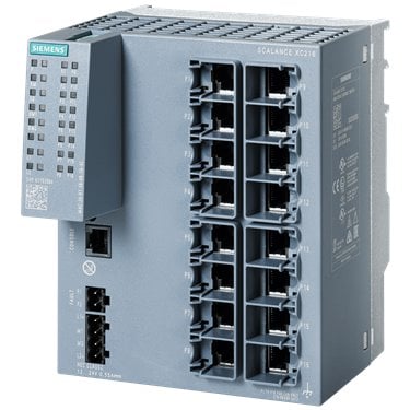 SCALANCE XC216 manageable Layer 2 IE switch; IEC 62443-4-2 certified; 16X 10/100 Mbit/s RJ45 ports; 1x console port, diagnostics LED; redundant power supply; temperature range -40 °C to +70 °C; assembly: DIN rail/S7 mounting rail/wall Office redundancy functions features (RSTP, VLAN,...); PROFINET IO device; Ethernet/IP-compliant; C-plug slot;