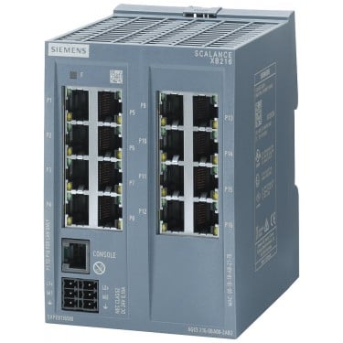 SCALANCE XB216 managed Layer 2 IE switch, 16X 10/100 Mbit/s RJ45 ports, 1x console port, diagnostics LED red redundant power supply; IEC 62443-4-2 certified; temperature range 0 to +60 °C DIN-rail mounting; default EtherNet/IP.