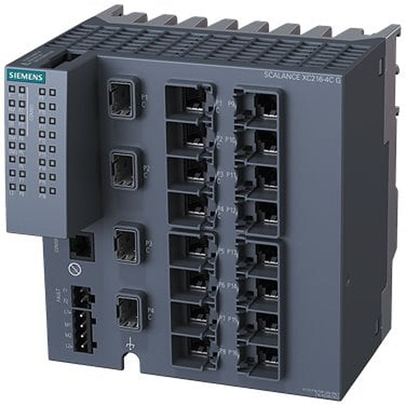 SCALANCE XC216-4C G manageable Layer 2 IE switch; IEC 62443-4-2 certified; Full gigabit; 12x 10/100/1000 Mbps RJ45 ports; 4x 1000 Mbps combo ports (either 1000 Mbps/ SFPs or 10/100/1000 Mbps RJ45 ports can be used); 1x console port; diagnostics LED; redundant power supply; temperature range -40 °C to +70 °C; assembly: DIN rail/S7 mounting rail/wall; redundancy functions; office features (RSTP, VLAN,...); PROFINET IO device; Ethernet/IP-compliant; C-PLUG slot; IEEE 1588v2 PTP