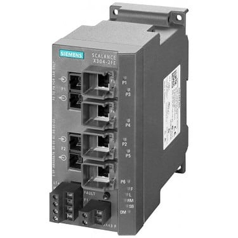 SCALANCE X304-2FE managed IE switch; 4x 10/100 Mbit/s RJ45 ports; 2x 100 Mbit/s SC port multimode; LED diagnostics; error signaling contact; with select/set pushbutton; PROFINET IO device; network management; integrated redundancy manager; office features (RSTP, VLAN, IGMP,..); C-plug in scope of delivery.
