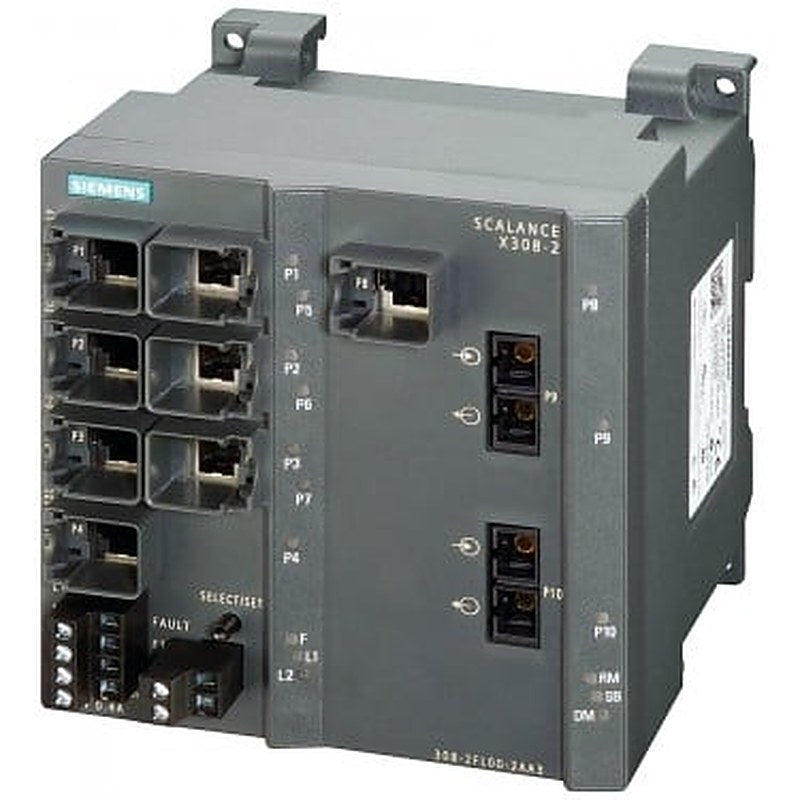 SCALANCE X308-2, managed plus IE switch, 2x 1000 Mbit/s MM SC 1x 10/100/1000 Mbit/s and 7x 10/100 Mbit/s RJ45 ports, LED diagnostics, error signaling contact with select/set pushbutton, PROFINET IO device, network management, integrated redundancy manager, office features (RSTP, VLAN, IGMP,..) C-PLUG in scope of supply.