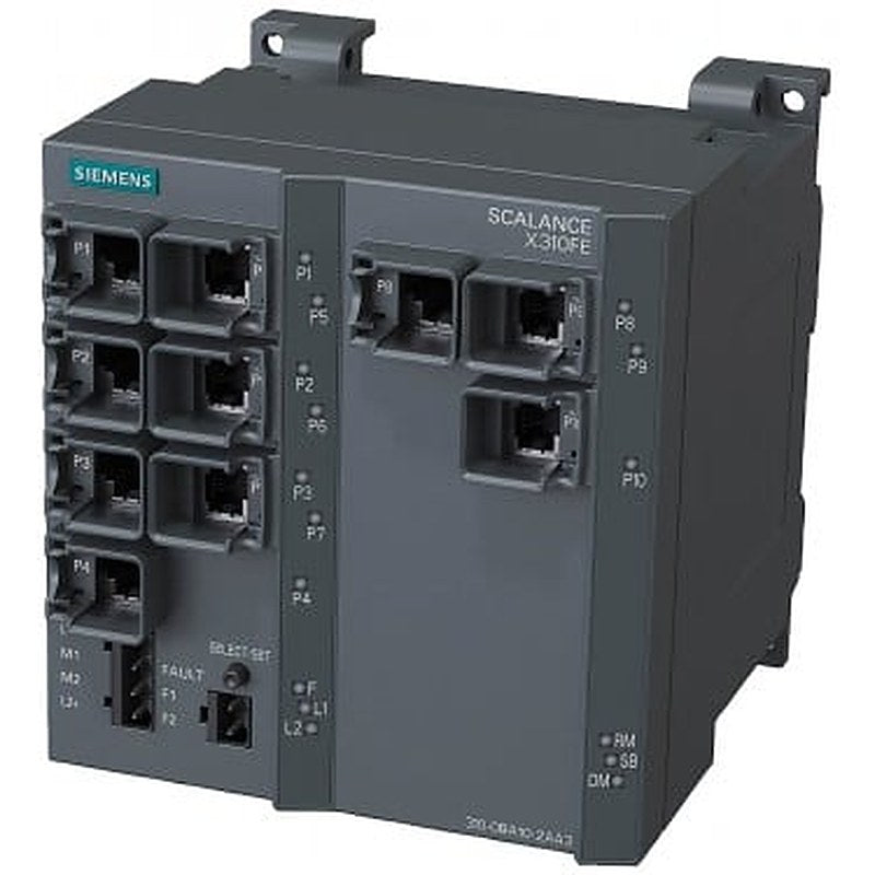 SCALANCE X310FE, managed plus IE switch, 10x 10/100 Mbit/s RJ45 ports, LED diagnostics, error-signaling contact with Select/set pushbutton, PROFINET IO Device, network management, integrated redundancy manager, Office features (RSTP, VLAN, IGMP,..) C-plug in scope of delivery .