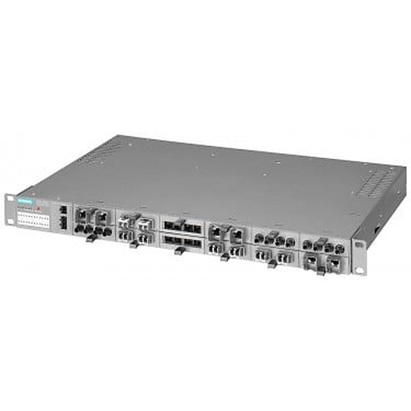 SCALANCE XR324-12M TS; managed IE switch, 19 rack; 12x 100/1000 Mbit/s 2-port media modules, electrical or optical; LED diagnostics; error signaling contact; select/set pushbutton, PROFINET IO device, network management, integrated redundancy manager, office features (RSTP, VLAN, IGMP,..) C-PLUG in scope of supply; power supply 24 V DC; Ports in the front.