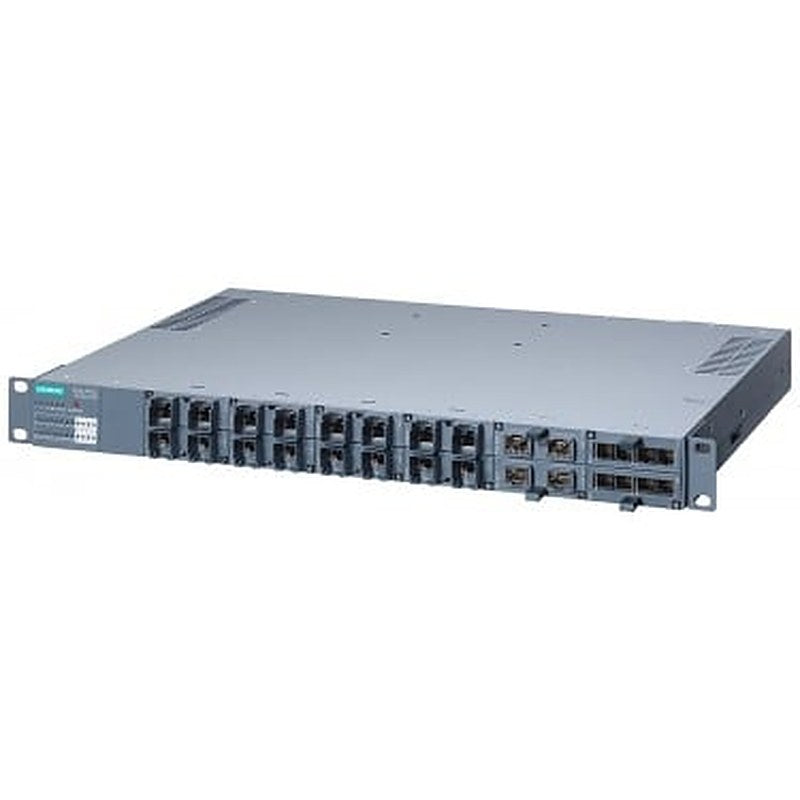 SCALANCE XR324-4M EEC; managed IE switch, 19 rack; 16x 10/100/1000 Mbit/s for RJ45 ports electrical; 4x 100/1000 Mbit/s for 2-port media modules, electrical or optical; LED diagnostics; error signaling contact; select/set pushbutton, PROFINET IO device, network management, integrated redundancy manager; power supply 2x 24 V DC; Ports in the front.