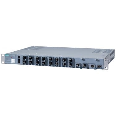 SCALANCE XR324-4M PoE; managed IE switch, 19 rack; 8x 10/100/1000 Mbit/s for RJ45 ports electrical with PoE, 8x 10/100/1000 Mbit/s for RJ45 ports electrical without PoE 4x 10/100/1000 Mbit/s 2-port media modules, electrical or optical; LED diagnostics; error signaling contact; select/set pushbutton, PROFINET IO device, power supply 24 V DC; ports at the back.