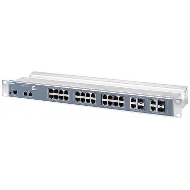 SCALANCE XR328-4C WG; managed IE switch; 19" rack; 24 x 10/100 Mbit/s electrical ports; 4 x 1000 Mbit/s combo ports electrical or optical; LED diagnostics; reset button; console port; PROFINET device; network management function; redundancy manager; power supply 24 V DC; IEC 62443-4-2 certified;