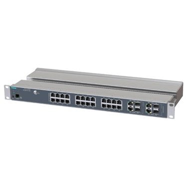 SCALANCE XR328-4C WG; managed IE switch; 19" rack; 24 x 10/100 Mbit/s electrical ports; 4 x 1000 Mbit/s combo ports electrical or optical; LED diagnostics; reset button; console port; PROFINET device; network management function; redundancy manager; no UL/FM approval; power supply 240 V AC (85 – 264 V) IEC 62443-4-2 certified;