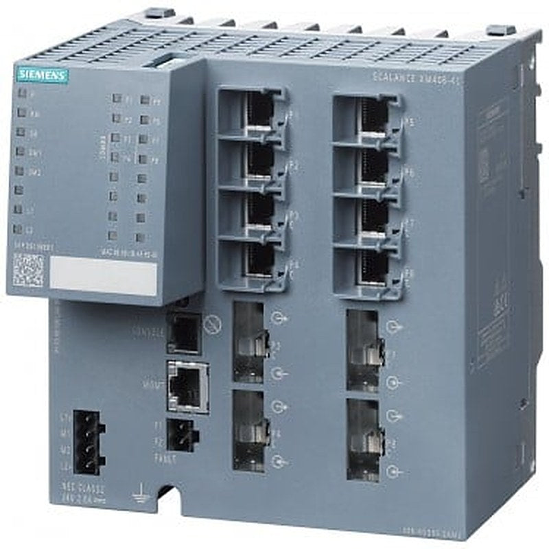 SCALANCE XM408-4C; managed modular IE switch; 8x 10/100/1000 Mbit/s RJ45; 4x 100/1000 Mbps ST-/SC- pluggable as combo ports; in total 8 ports can be used; expandable to 24 ports electrical or optical; assembly: DIN rail/S7 mounting rail, PROFINET IO device; redundancy functions; office features (RSTP, VLAN, IGMP,..); C-PLUG in scope of supply; layer 3 with Key-Plug plug available .