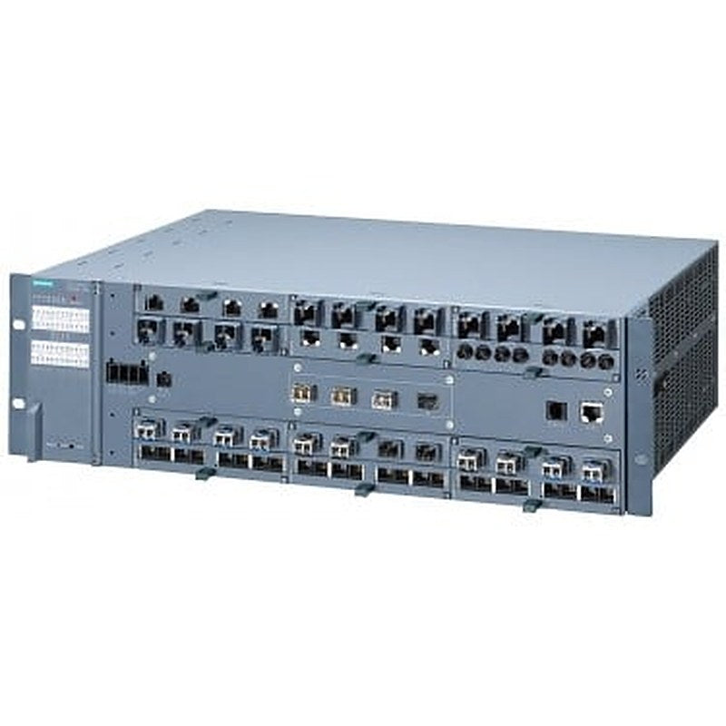 SCALANCE XR552-12M; managed IE switch; 19" rack; 4x 1000/10000 Mbit/s SFP+; 12x 100/1000 Mbit/s 4-port media modules, electrical, electrical PoE or optical; LED diagnostics; error signaling contact; Select/set pushbutton, PROFINET IO device, network management, integrated redundancy manager; office features (RSTP, VLAN, IGMP, ...); C-plug in scope of delivery Layer 3 integrated; ports in the front.
