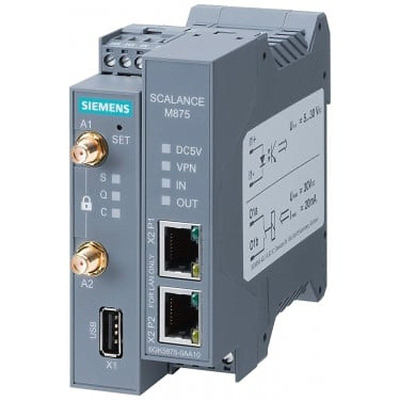 SCALANCE M875-0 UMTS router; for wireless IP communication from Ethernet- based automation devices via UMTS mobile radio HSDPA and HSUPA support Security features: IPsec, Firewall; for mobile applications with approvals for railway and vehicles; 1x digital input, 1x digital output; observe national approvals.