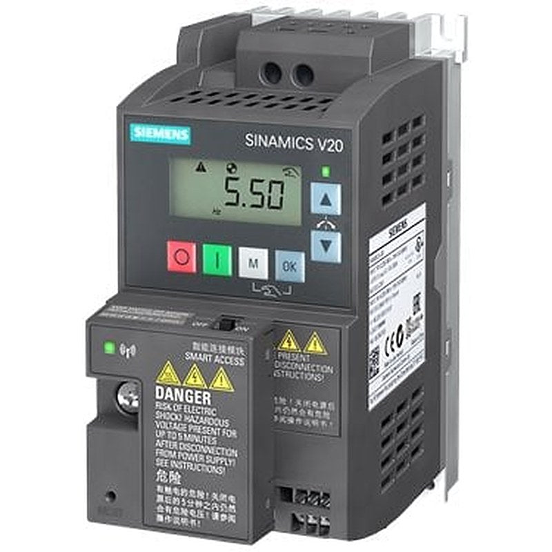 Starter kit SINAMICS V20 Consisting of SINAMICS V20 Rated power 0.37 kW with 150% overload for 60 s. 200-240 V 1 AC -10/+10% 47-63 Hz Integrated filter C1 I/O interface: 4 DI, 2 DQ, 2 AI, 1 AQ Fieldbus: USS/MODBUS RTU With built-in BOP Degree of protection IP20/UL Open Type Size: FSAA 68x142x108 (WxHxD) Parameter loader BOP interface V20 BOP Smart Access The delivery quantity is limited to 3 units per customer.
