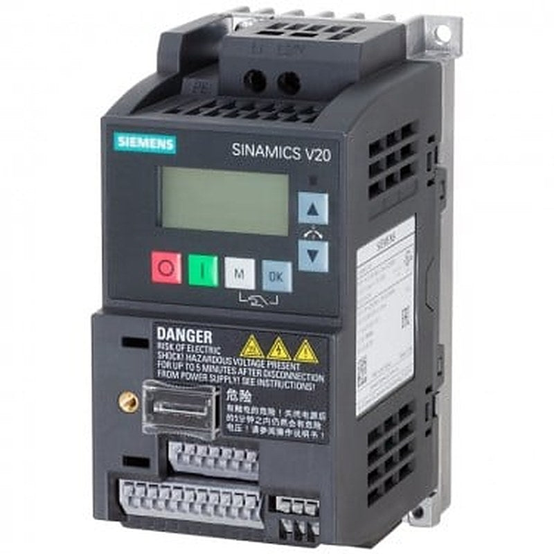SINAMICS V20 200-240V 1AC -10/+10% 47-63Hz rated power 0.12 kW with 150% overload for 60 sec. integrated filter C1 I/O: 4 DI, 2 DO,2 AI, 1 AQ fieldbus: USS/MODBUS RTU with built-in BOP protection: IP20/ UL open size: AA 68x142x108 (WxHxD)