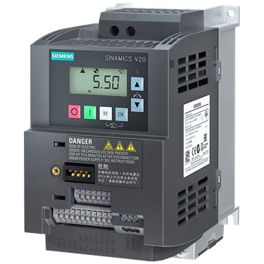 SINAMICS V20 200-240V 1AC -10/+10% 47-63Hz rated power 1.1 kW with 150% overload for 60 sec. integrated filter C1 I/O: 4 DI, 2 DO,2 AI, 1 AQ fieldbus: USS/MODBUS RTU with built-in BOP protection: IP20/ UL open size: AC 90x160x147(WxHxD)